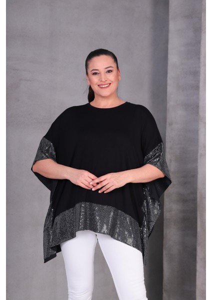 Kadın Büyük Beden Payetli Tasarım Siyah Bluz