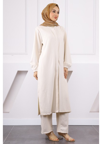 Krem Fitilli Pantolonlu Tunik Takım