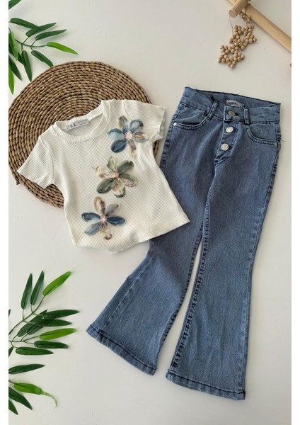 Zambak Desenli Rahat Ispanyol Kot Pantolonlu Kız Çocuk 2 li takım - Mavi