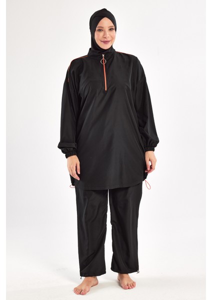 Valeria Uzun Kollu Büyük Beden Battal Boy Tam Tesettür Mayo 1804-25 Siyah modelleri