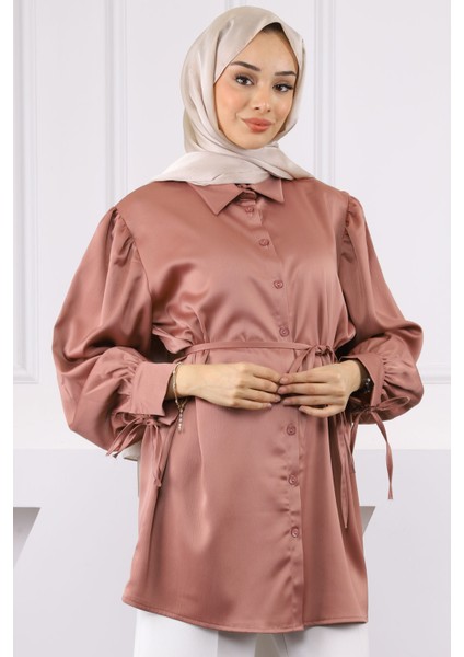 Pudra Bel Bağlamalı Saten Tunik