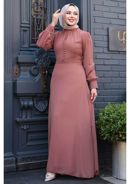 Düğme Detaylı Taba Tesettür Elbise 2703TB