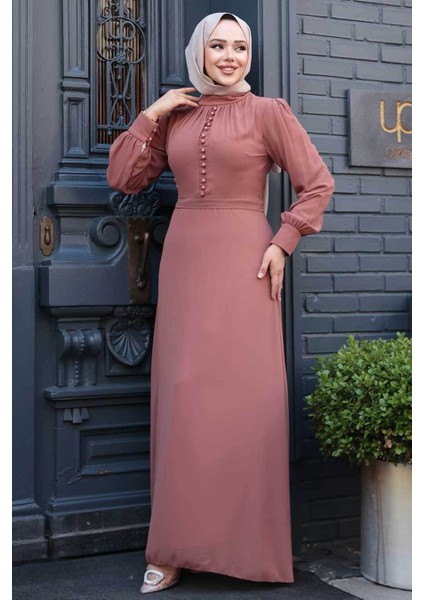 Düğme Detaylı Taba Tesettür Elbise 2703TB fiyatları