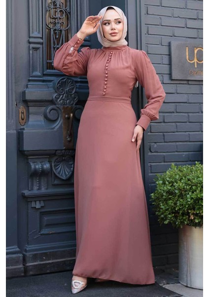 Düğme Detaylı Taba Tesettür Elbise 2703TB modelleri