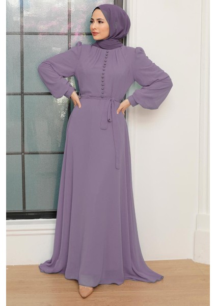 Düğme Detaylı Açık Lila Tesettür Elbise 2703ALILA