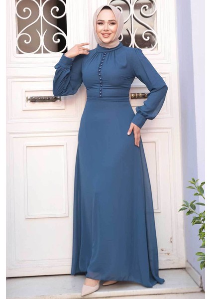 Düğme Detaylı Açık Lacivert Tesettür Elbise 2703AL