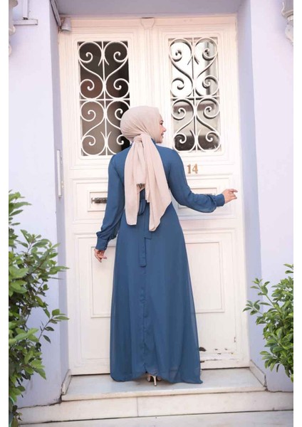 Düğme Detaylı Açık Lacivert Tesettür Elbise 2703AL fiyatları