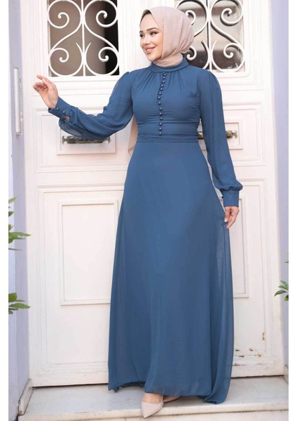 Düğme Detaylı Açık Lacivert Tesettür Elbise 2703AL modelleri