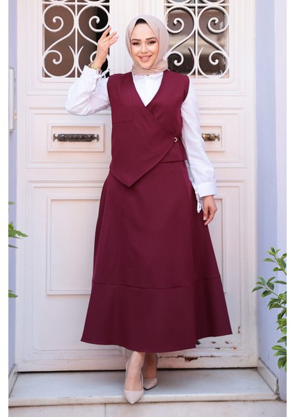 Bordo Tesettür Etekli Ikili Takım 75471BR