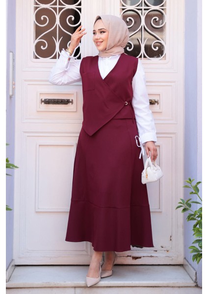 Bordo Tesettür Etekli Ikili Takım 75471BR fiyatları