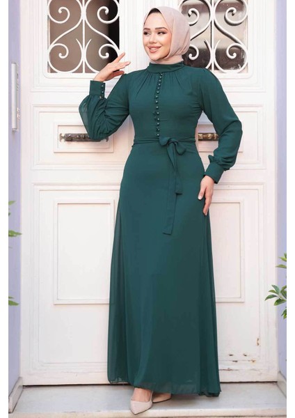 Düğme Detaylı Koyu Yeşil Tesettür Elbise 2703KY