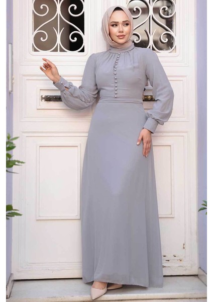 Düğme Detaylı Koyu Gri Tesettür Elbise 2703KGR