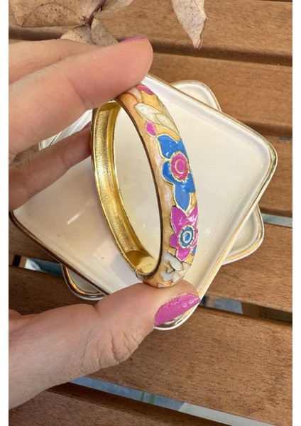 Mineli 14K Altın Kaplama Turuncu Çiçekli Bilezik 6cm