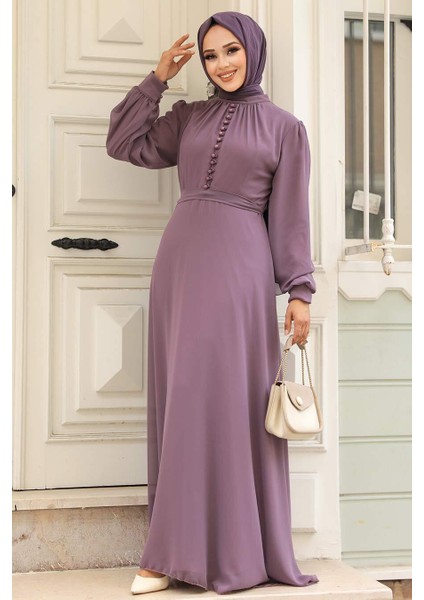 Düğme Detaylı Gül Kurusu Tesettür Elbise 2703GK