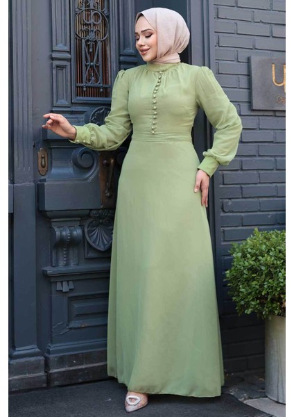 Düğme Detaylı Fıstık Yeşili Tesettür Elbise 2703FY