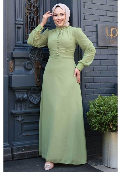 Düğme Detaylı Fıstık Yeşili Tesettür Elbise 2703FY modelleri