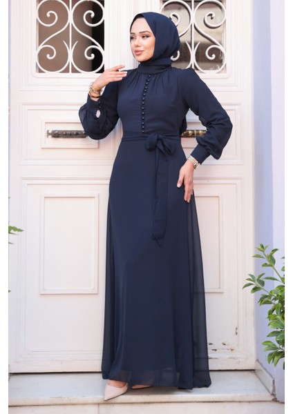 Düğme Detaylı Koyu Lacivert Tesettür Elbise 2703KL