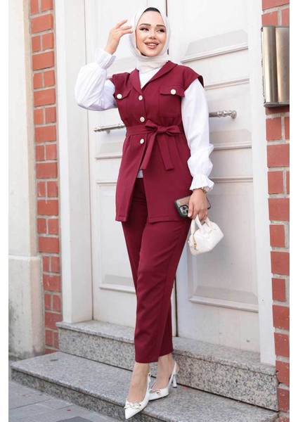 Yelekli Bordo Tesettür Üçlü Takım 6169BR