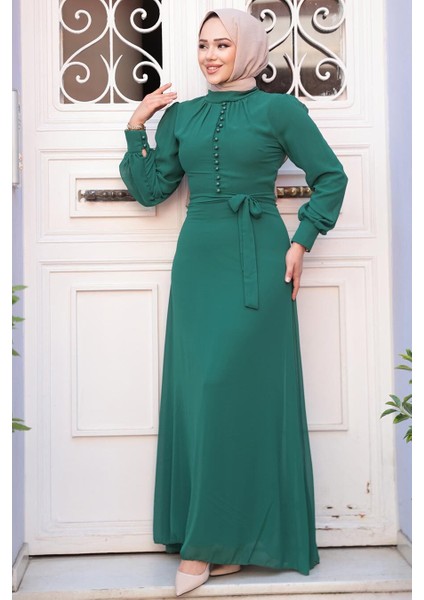 Düğme Detaylı Açık Yeşil Tesettür Elbise 2703AY