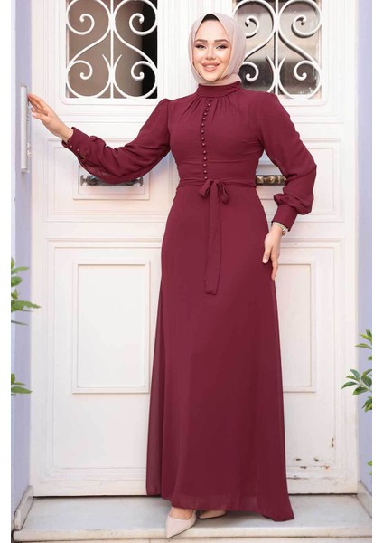 Düğme Detaylı Vişne Tesettür Elbise 2703VSN