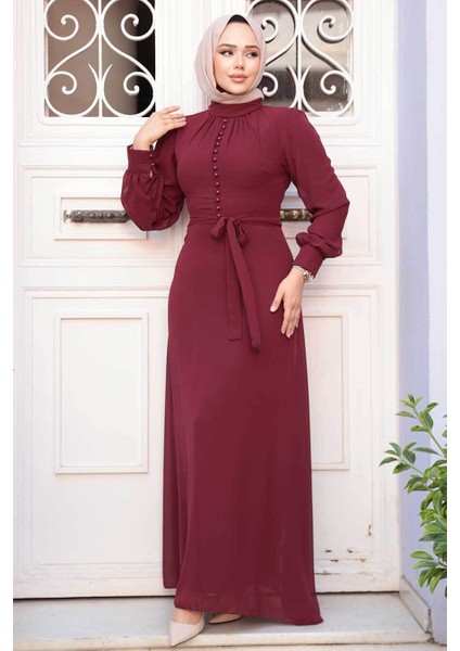 Düğme Detaylı Vişne Tesettür Elbise 2703VSN fiyatları