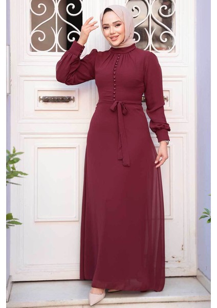Düğme Detaylı Vişne Tesettür Elbise 2703VSN modelleri