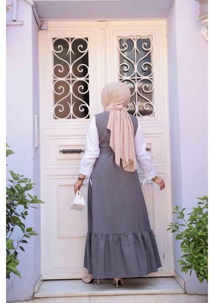 Çizgili Füme Tesettür Jile Elbise 70501FU