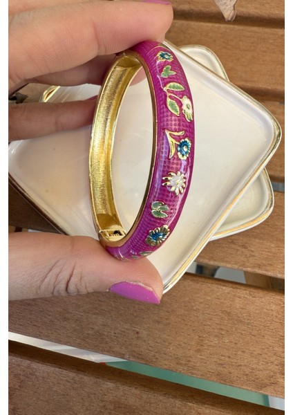 Mineli 14K Altın Kaplama Fuşya Çiçekli Bilezik 6cm