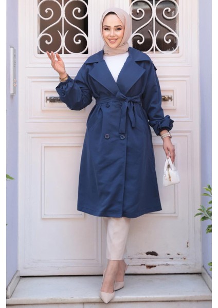 Kemerli Lacivert Tesettür Trençkot 62181L