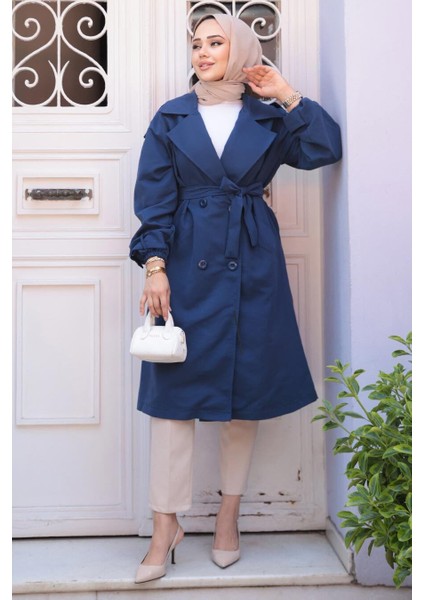 Kemerli Lacivert Tesettür Trençkot 62181L fiyatları