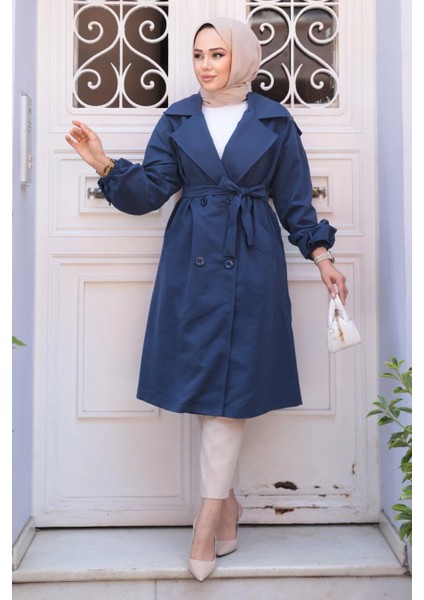 Kemerli Lacivert Tesettür Trençkot 62181L fırsatları