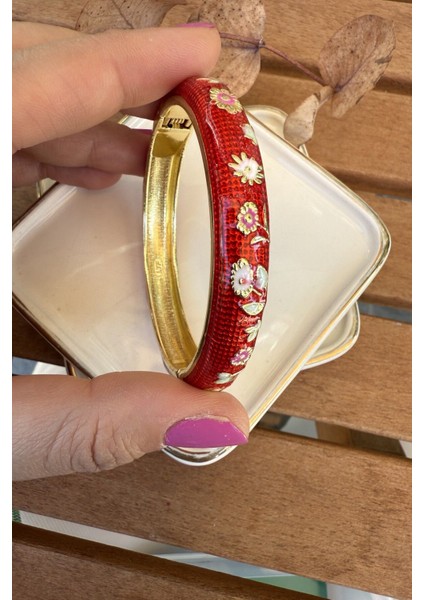 Mineli 14K Altın Kaplama Kırmızı Çiçekli Bilezik 6cm