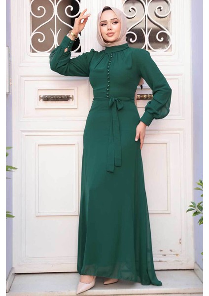 Düğme Detaylı Zümrüt Yeşili Tesettür Elbise 2703ZY