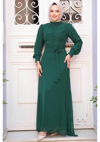 Düğme Detaylı Zümrüt Yeşili Tesettür Elbise 2703ZY fiyatları