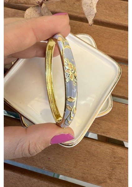 14K Altın Kaplama Ince Mineli Sarı Çiçekli Bilezik 5.7cm