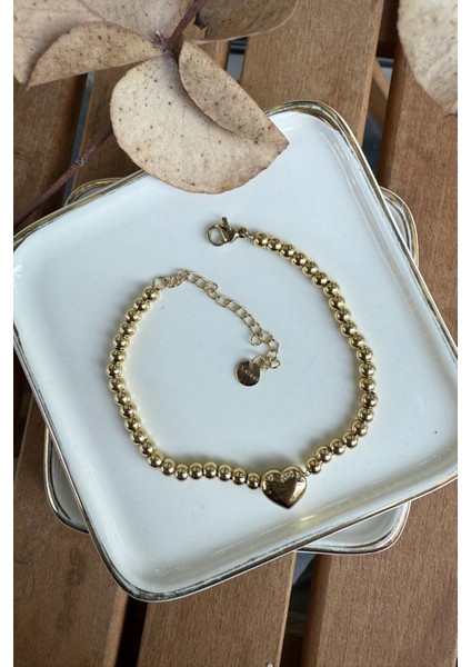 Çelik Topçuklar Ortasında Bombeli Kalp Bileklik 17+5cm