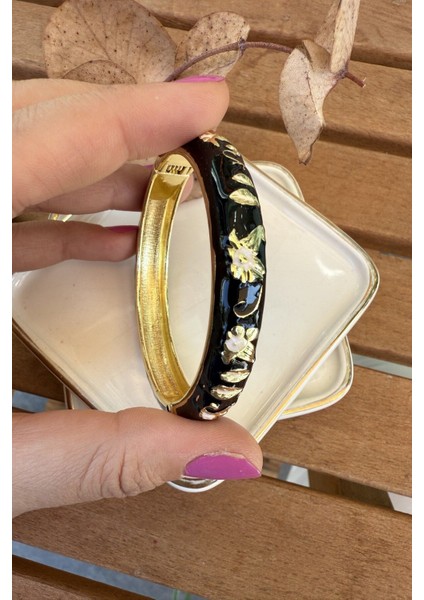 Mineli 14K Altın Kaplama Siyah Çiçekli Bilezik 6cm