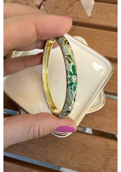 14K Altın Kaplama Ince Mineli Yeşil Bilezik 5.7cm