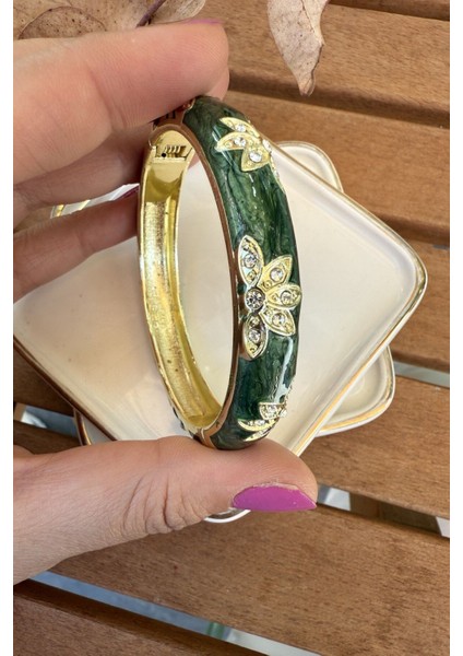 Mineli 14K Altın Kaplama Yeşil Çiçekli Bilezik 6cm