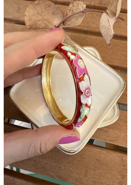 Mineli 14K Altın Kaplama Kırmızı Çiçekli Bilezik 6cm