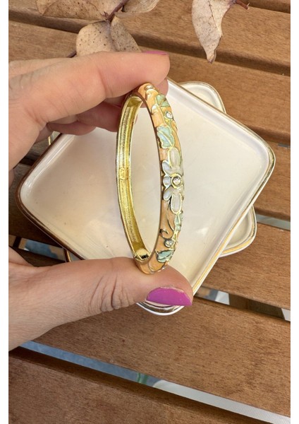 Mineli 14K Altın Kaplama Turuncu Çiçekli Bilezik 5.8cm