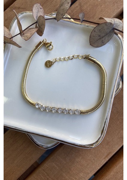 Çelik Ortası Taşlı Kenarı Tırtıklı Bileklik 17+3cm Çelik