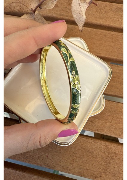 14K Altın Kaplama Mineli Ince Yeşil Bilezik 5.7cm