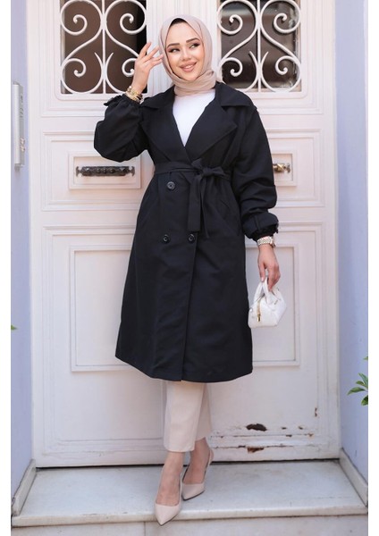 Kemerli Siyah Tesettür Trençkot 62181S