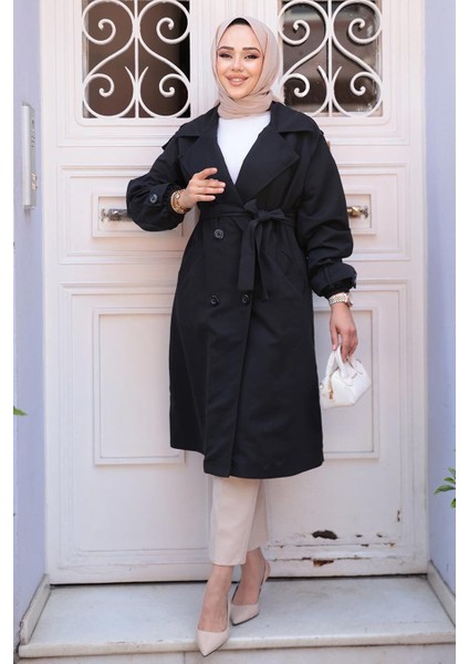 Kemerli Siyah Tesettür Trençkot 62181S fiyatları