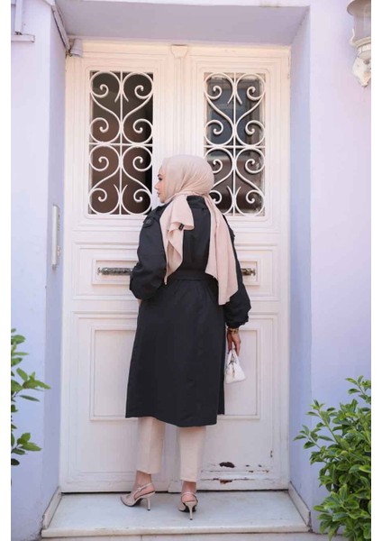 Kemerli Siyah Tesettür Trençkot 62181S modelleri