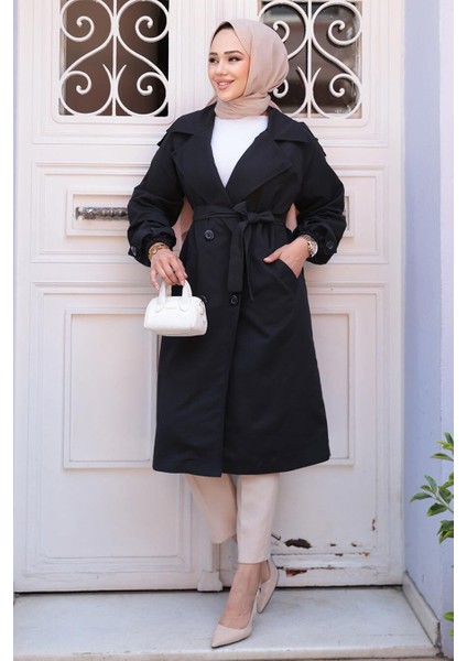 Kemerli Siyah Tesettür Trençkot 62181S fırsatları