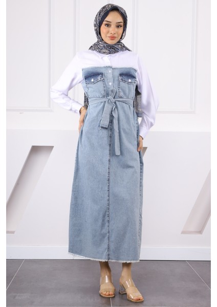 Mavi Gömlek Garnili Düğmeli Kot Elbise