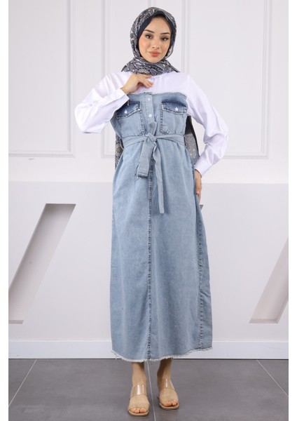 Mavi Gömlek Garnili Düğmeli Kot Elbise fiyatları