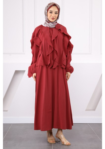 Bordo Bluz Fırfırlı Etekli Takım